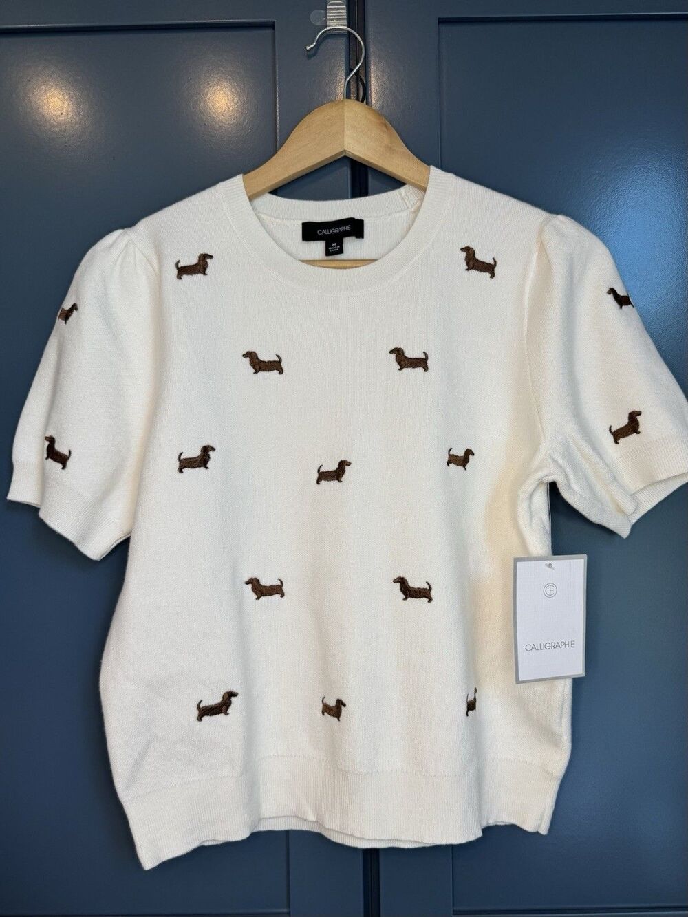 Anthropologie Calligraphie Cream Dachshund Puff Sleeve Embroidered Dog Sweater M